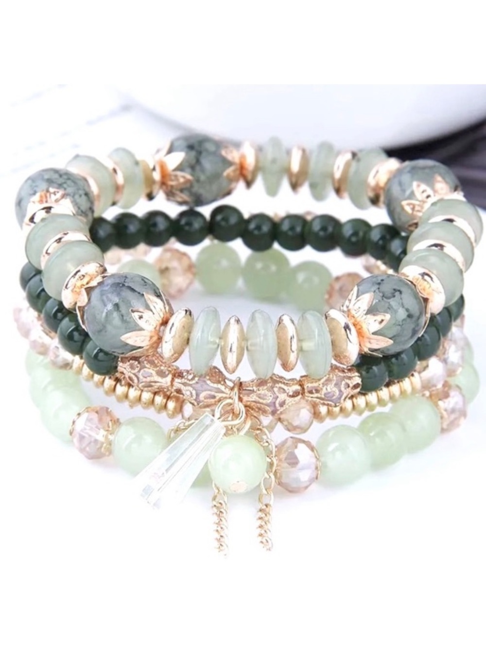 Green Beaded 4 Piece Stretch Stack Bracelet Set - Picture 1 of 2